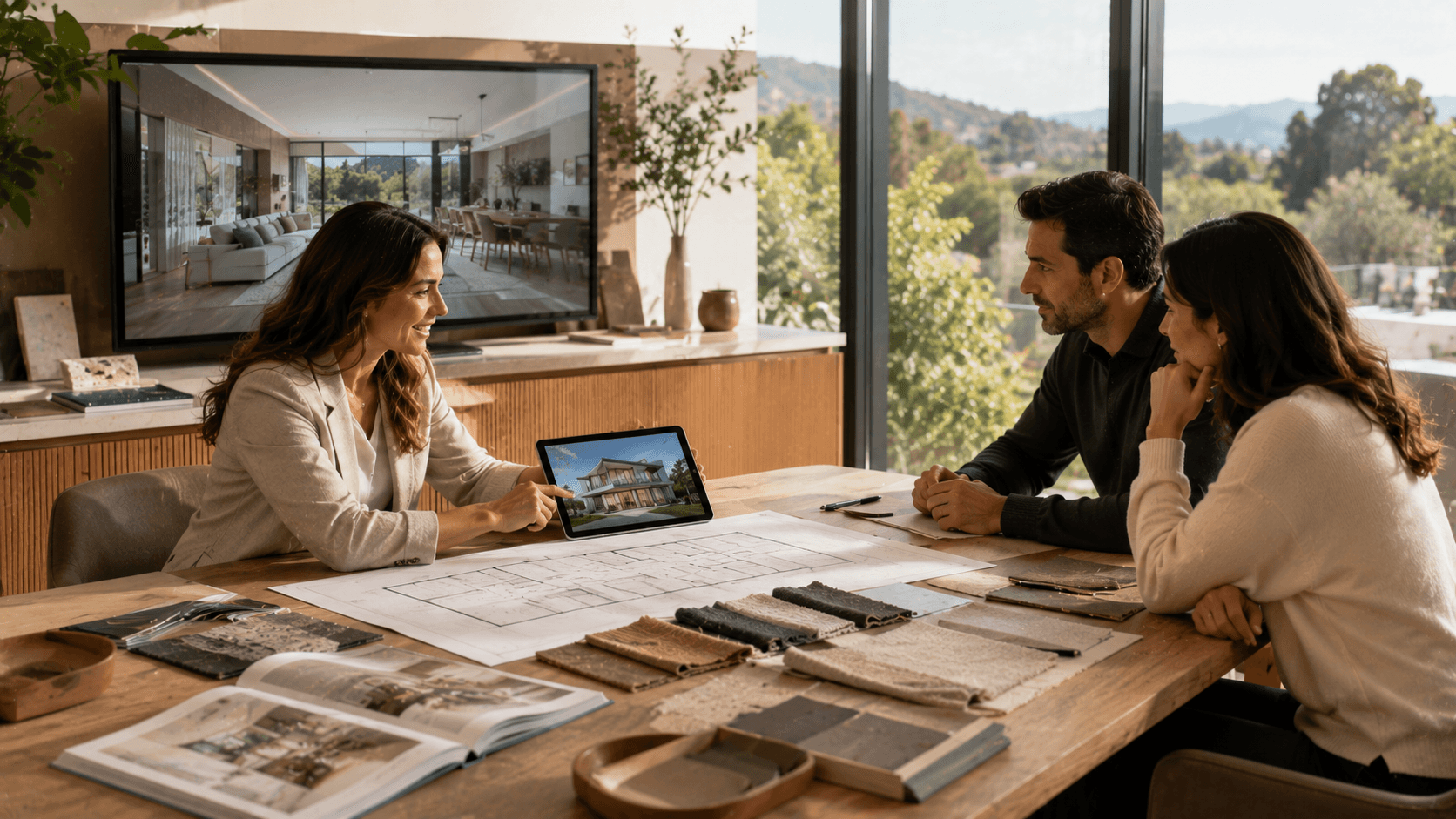 Designer reviewing a 3D rendering and material samples for a Bay Area home remodel