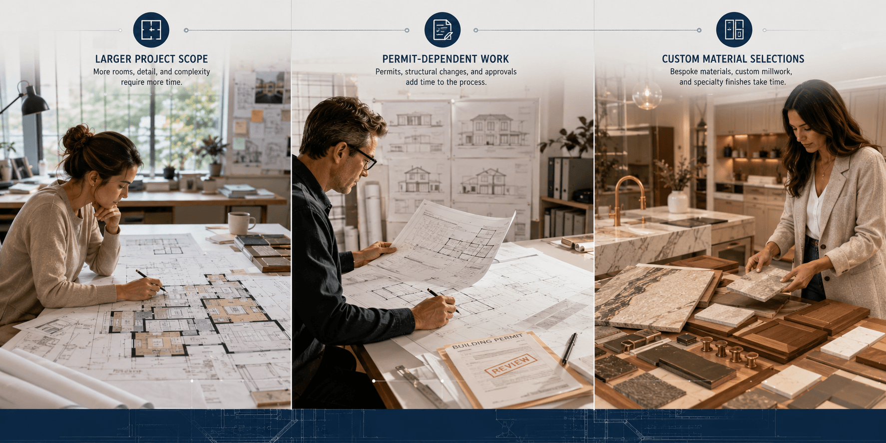 Infographic showing what can extend a home design timeline: larger project scope, permit-dependent work, and custom material selections